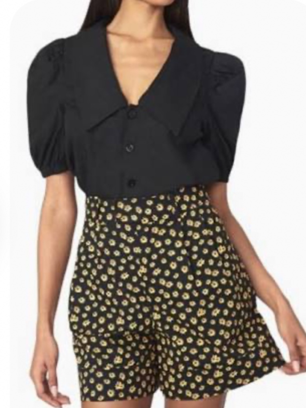 Weworewhat | Black Puff-Sleeve Dress with Yellow Floral Romper